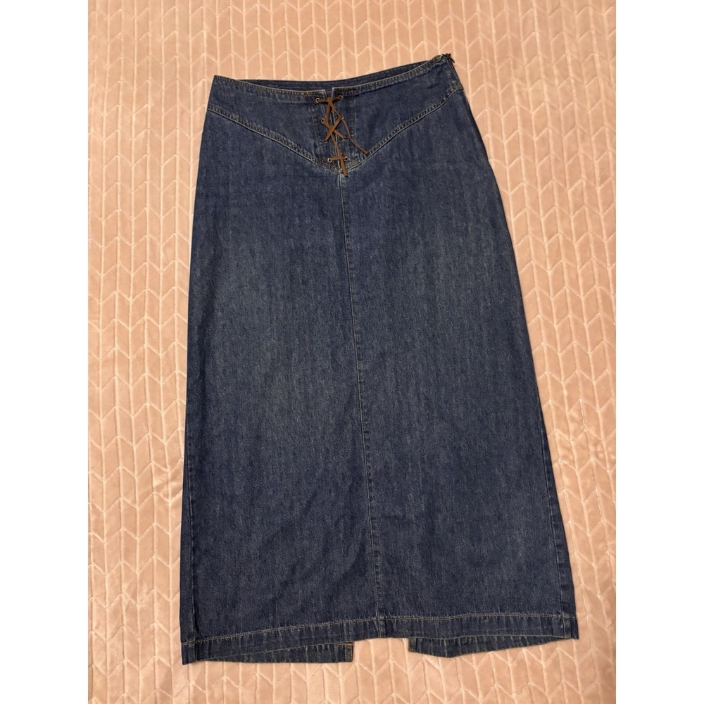 Vintage Bill Blass Denim Midi Skirt Sz 10 Lace Up Corset Front Y2K Western Boho - Picture 3 of 14